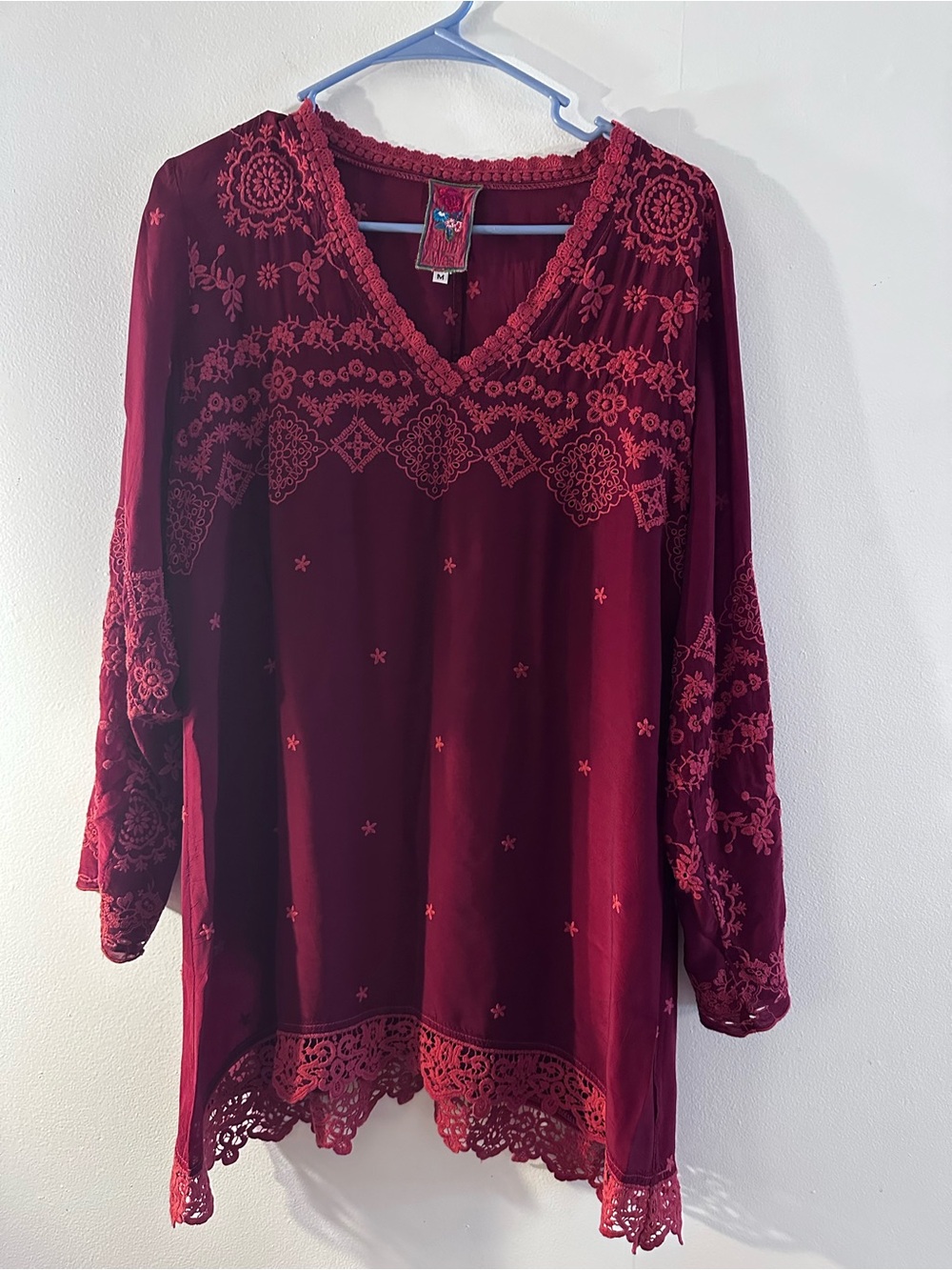 Johnny Was Wine Red Embroidered V-Neck Tunic
